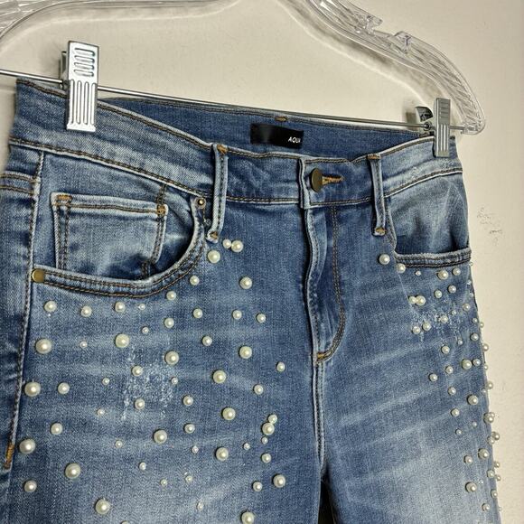 Aqua Pearl Embellished Raw Hem Skinny Jeans 26 - Picture 2 of 8